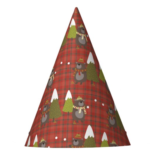 ウィンターベアーホワイトクリスマスレッドバッファロープレイド パーティーハット (正面)