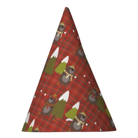 ウィンターベアーホワイトクリスマスレッドバッファロープレイド パーティーハット (右)