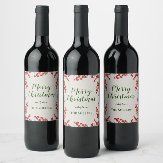 ウィンターベリーとグリーン クリスマス ワインラベル (ボトル)