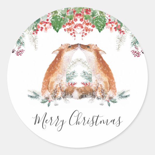 ウィンターベリーウッドランドキツネメリークリスマス ラウンドシール (正面)
