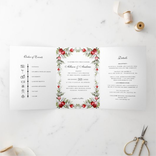 ウィンターベリークリスマス結婚のタイムライン招待状 三つ折りクリスマスカード (内部)