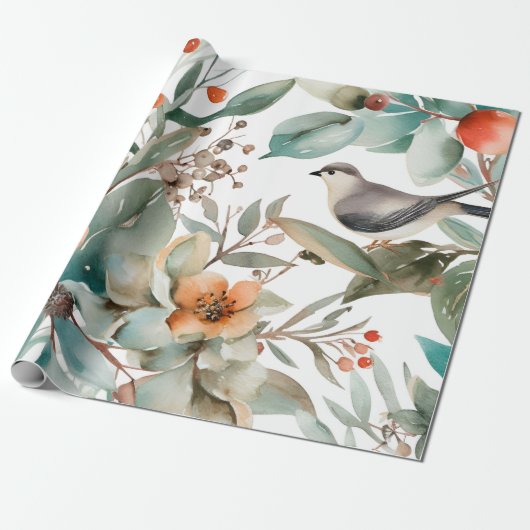 ウィンターベリーグリーンリーウォーターカラーホリデー ラッピングペーパー (アンロールド)