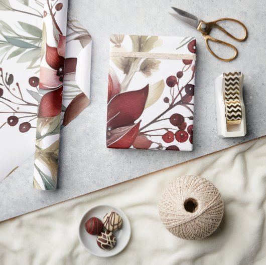 ウィンターベリーグリーンリーウォーターカラーホリデー ラッピングペーパー (クラフト)