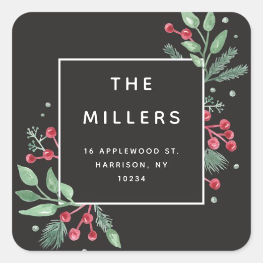ウィンターベリーグリーンリー差出人住所ステッカー スクエアシール (正面)