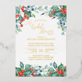 ウィンターベリーホリーウォーターカラーブライダルシャワー金ゴールド 箔招待状 (正面)