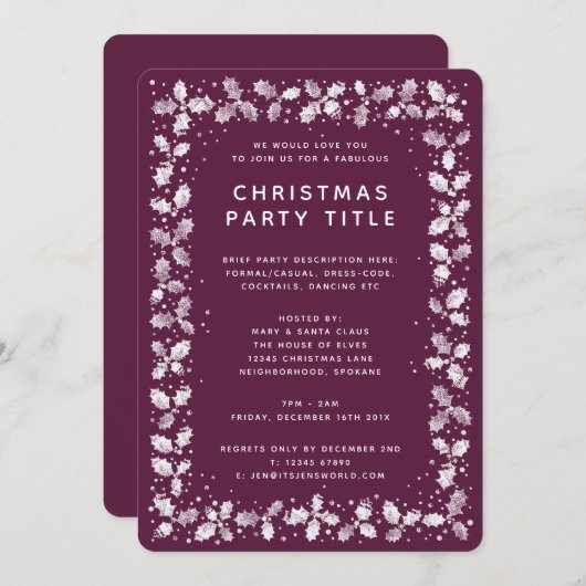 ウィンターベリーホリー縁どリーフクリスマスパーティー 招待状 (正面/裏面)