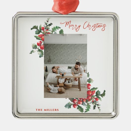 ウィンターベリーホリー |メリークリスマス |家族の写真 メタルオーナメント (正面)