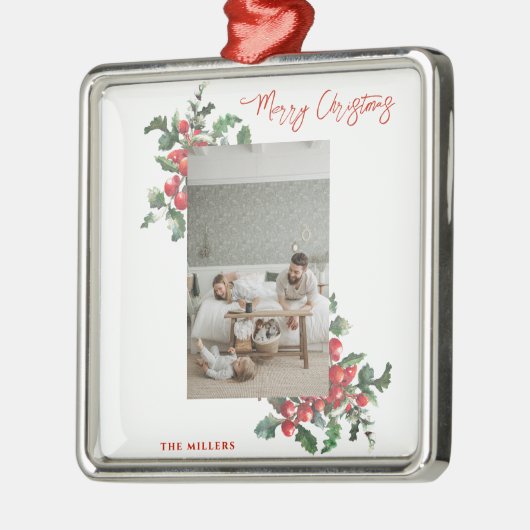 ウィンターベリーホリー |メリークリスマス |家族の写真 メタルオーナメント (左)