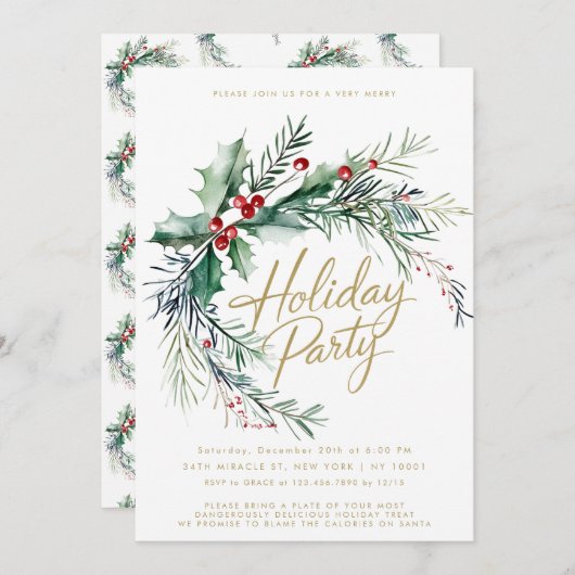 ウィンターベリーモダンスクリプトホリデーパーティー 招待状 (正面/裏面)