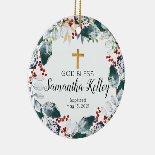 ウィンターベリーリースパーソナライズされたガールバプテスマ セラミックオーナメント (右)