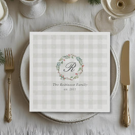 ウィンターベリーリースファミリー名イニシャルクリスマス スタンダードカクテルナプキン