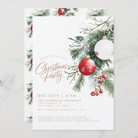 ウィンターベリーレッドオーナメントクリスマスパーティー 招待状 (正面/裏面)