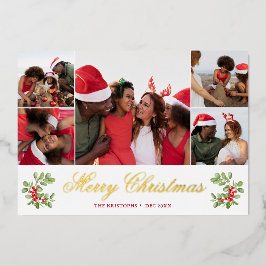 ウィンターベリーレッドグリーンクリスマス5フォトグリーティング 箔シーズンカード