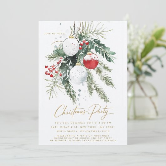 ウィンターベリーレッドホワイトオーナメントクリスマスパーティー 招待状 (スタンド正面)