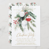 ウィンターベリーレッドホワイトオーナメントクリスマスパーティー 招待状 (正面/裏面)