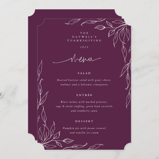 ウィンターベリー葉のモチーフ感謝祭ディナー メニュー (正面/裏面)