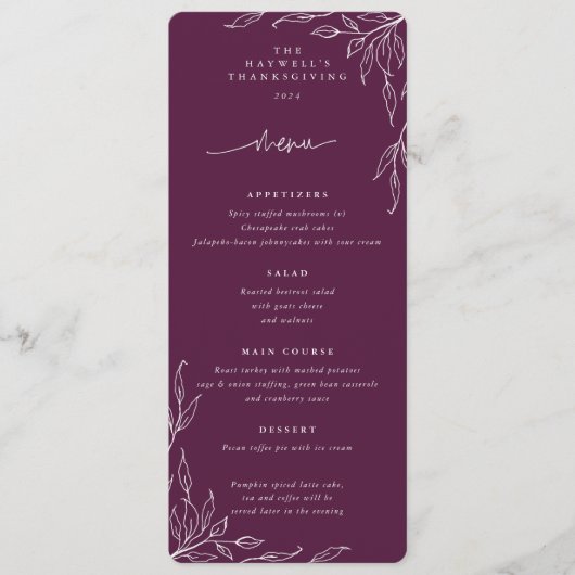 ウィンターベリー葉のモチーフ感謝祭フラット4コース メニュー (正面)