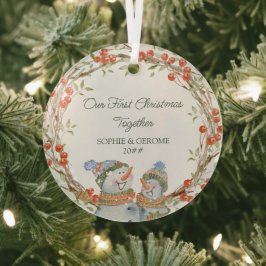 ウィンターベリ素朴ーリースとかわいい雪だるま ガラスオーナメント