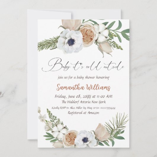 ウィンターベージュフローラ男女兼用ベビーシャワー 招待状 (正面)