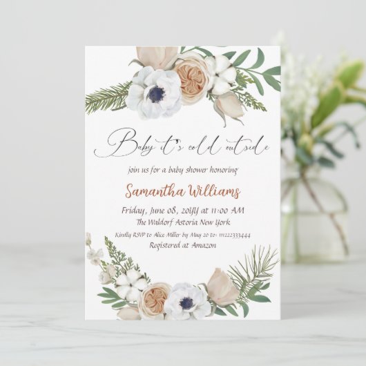 ウィンターベージュフローラ男女兼用ベビーシャワー 招待状 (スタンド正面)