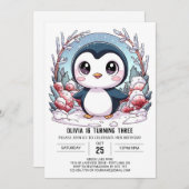 ウィンターペエレガントンギンデジタル誕生日 招待状 (正面/裏面)