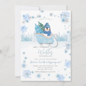 ウィンターペンギンオネダーランド1歳の誕生日の雪片 招待状 (正面)