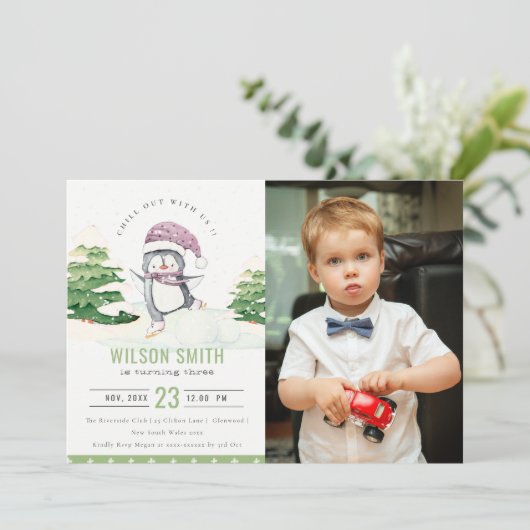 ウィンターペンギンキッズフォトエイジ誕生日招待状 サンキューカード (スタンド正面)