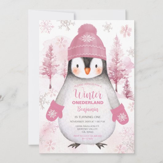 ウィンターペンギンニットハットスノーフレーク誕生日 招待状 (正面)