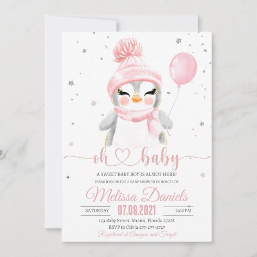 ウィンターペンギン赤ちゃんシャワー招待少女 招待状 (正面)