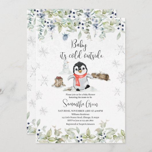 ウィンターペンギン赤ちゃんシャワー 招待状 (正面/裏面)