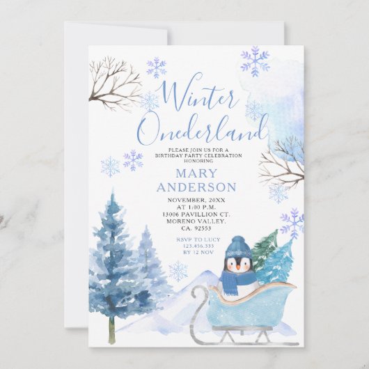 ウィンターペンギン雪片オンダーランド1歳の誕生日 招待状 (正面)
