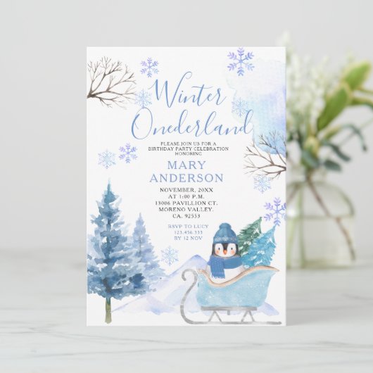 ウィンターペンギン雪片オンダーランド1歳の誕生日 招待状 (スタンド正面)