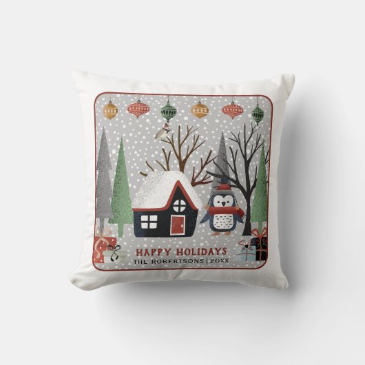 ウィンターペンギン、ハッピーホリデーとスノーフレーク クッション (正面)