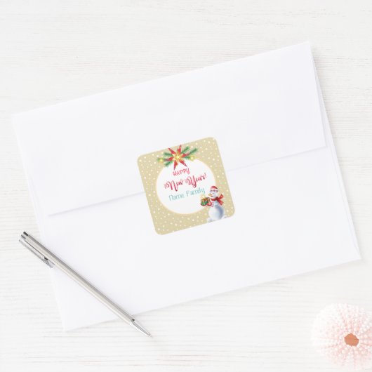 ウィンターホリデークリスマス&新年かわいい雪だるま スクエアシール (封筒)