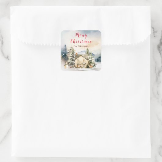 ウィンターホリデーコテージメリークリスマス スクエアシール (バッグ)