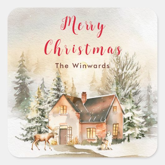 ウィンターホリデーコテージメリークリスマス スクエアシール (正面)
