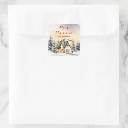 ウィンターホリデーコテージメリークリスマス スクエアシール (バッグ)