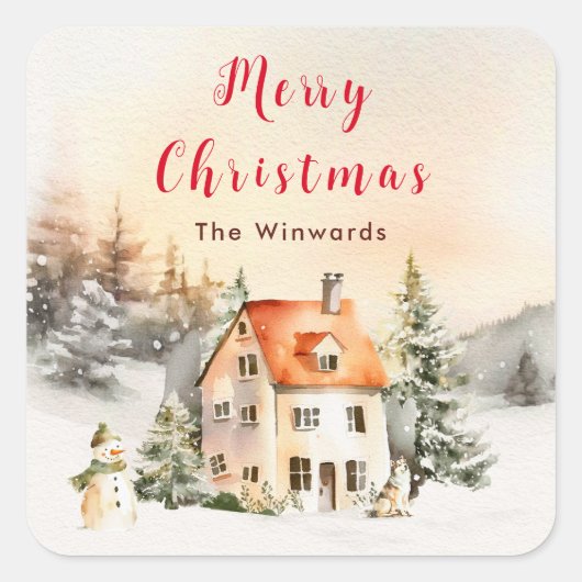 ウィンターホリデーコテージメリークリスマス スクエアシール (正面)