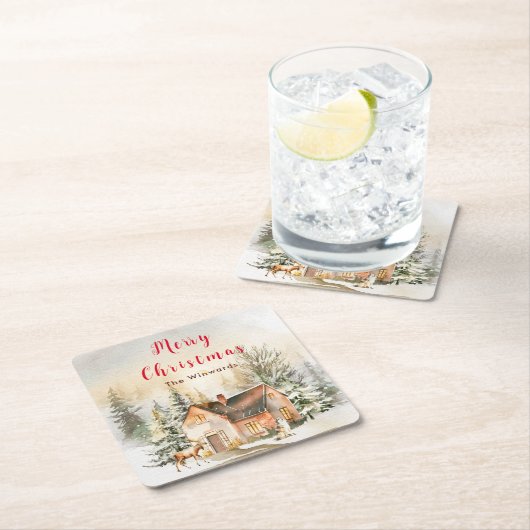 ウィンターホリデーコテージメリークリスマス スクエアペーパーコースター (インサイチュ)