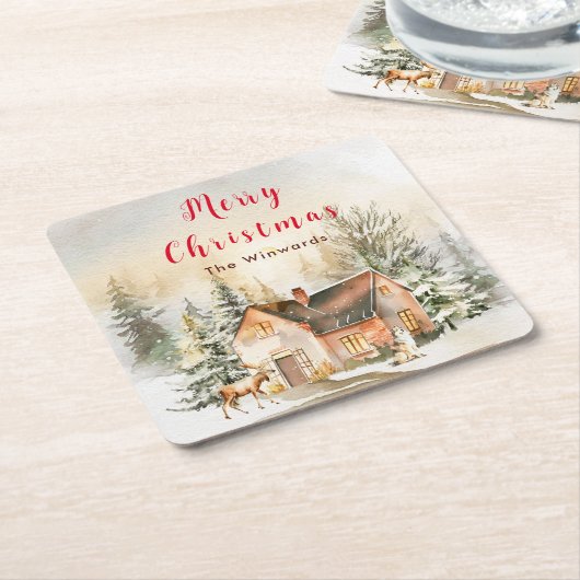ウィンターホリデーコテージメリークリスマス スクエアペーパーコースター (アングル)