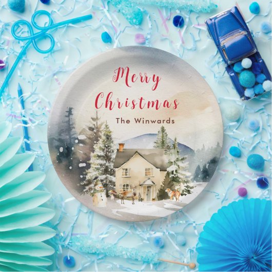 ウィンターホリデーコテージメリークリスマス ペーパープレート (パーティー)
