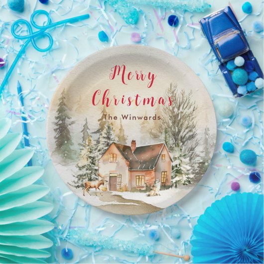 ウィンターホリデーコテージメリークリスマス ペーパープレート (パーティー)