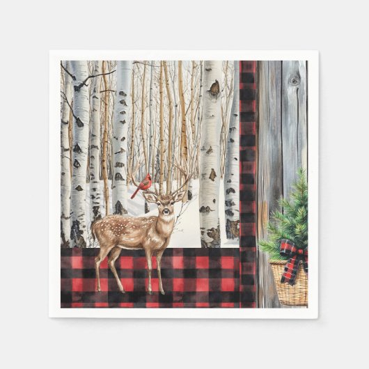 ウィンターホリデーシーナリー（鳥）ショウジョウコウカンチョウアンドディアー紙 スタンダードカクテルナプキン (正面)