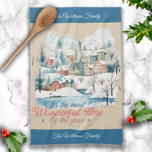 ウィンターホリデーズクリスマス名前をカスタムする キッチンタオル