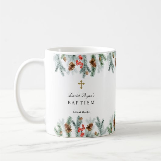 ウィンターホリデーズグリーナリー金ゴールドクロスボーイバプテスマ コーヒーマグカップ (左)