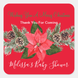 ウィンターホリデーズピネコーンポインセチアありがとう スクエアシール