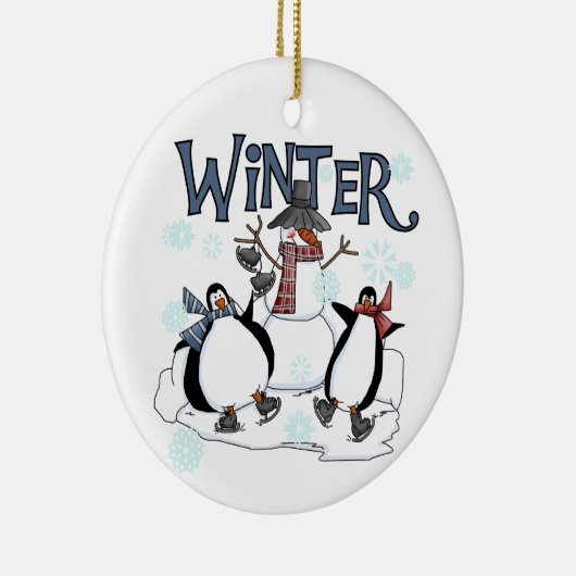 ウィンターホリデーズ雪だるまペンギンズアイススケートで滑る セラミックオーナメント (右)