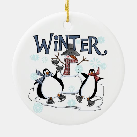 ウィンターホリデーズ雪だるまペンギンズアイススケートで滑る セラミックオーナメント (裏面)