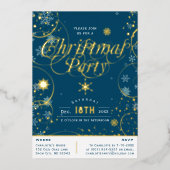 ウィンターホリデーネイビーブルースノーフレーククリスマスパーティー 箔招待状 (正面)