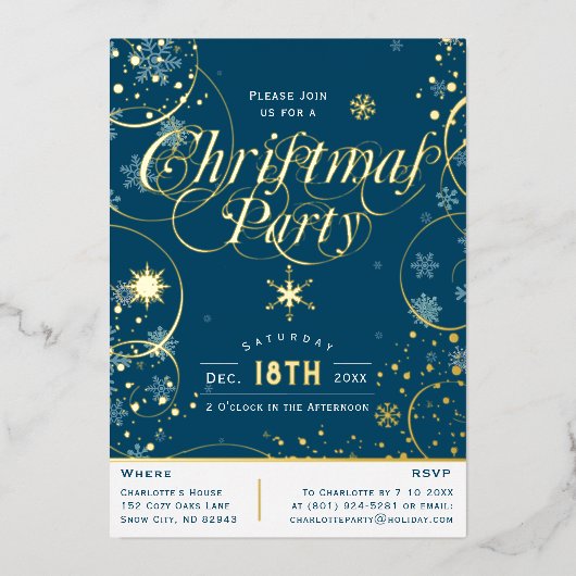 ウィンターホリデーネイビーブルースノーフレーククリスマスパーティー 箔招待状 (正面)